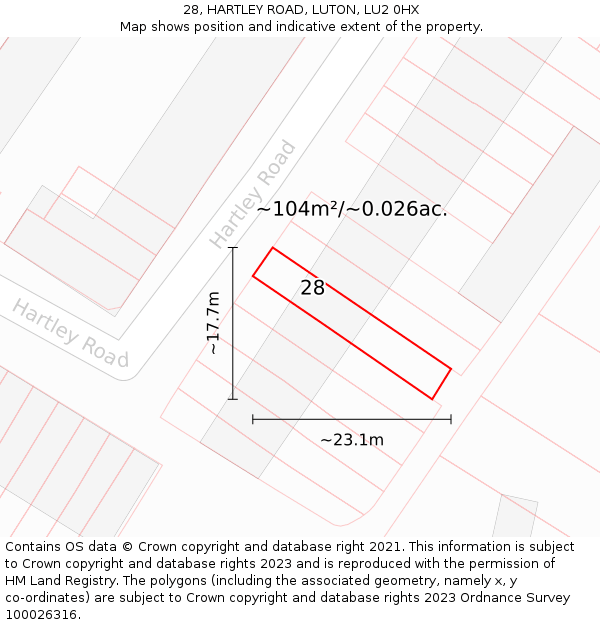 28, HARTLEY ROAD, LUTON, LU2 0HX: Plot and title map