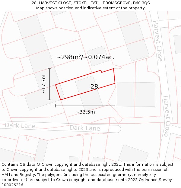 28, HARVEST CLOSE, STOKE HEATH, BROMSGROVE, B60 3QS: Plot and title map