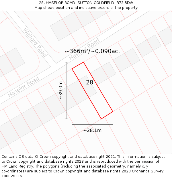 28, HASELOR ROAD, SUTTON COLDFIELD, B73 5DW: Plot and title map