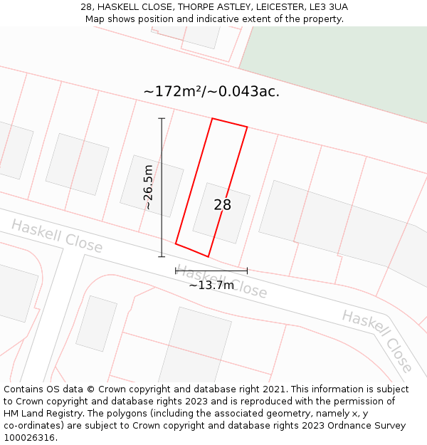 28, HASKELL CLOSE, THORPE ASTLEY, LEICESTER, LE3 3UA: Plot and title map