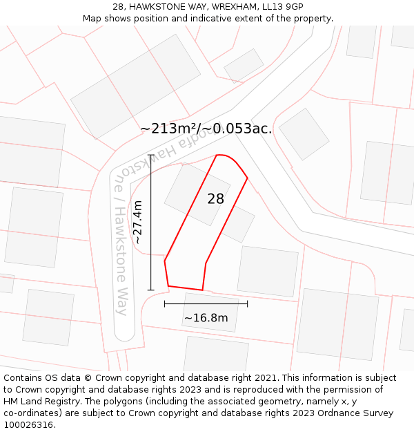 28, HAWKSTONE WAY, WREXHAM, LL13 9GP: Plot and title map