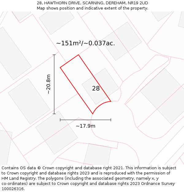 28, HAWTHORN DRIVE, SCARNING, DEREHAM, NR19 2UD: Plot and title map