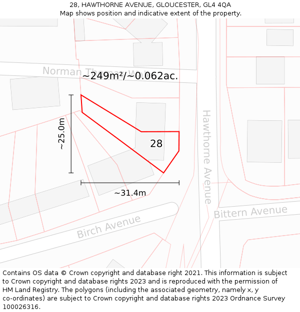 28, HAWTHORNE AVENUE, GLOUCESTER, GL4 4QA: Plot and title map