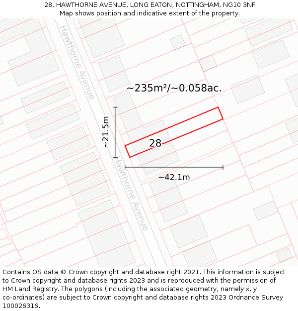 28, HAWTHORNE AVENUE, LONG EATON, NOTTINGHAM, NG10 3NF: Plot and title map