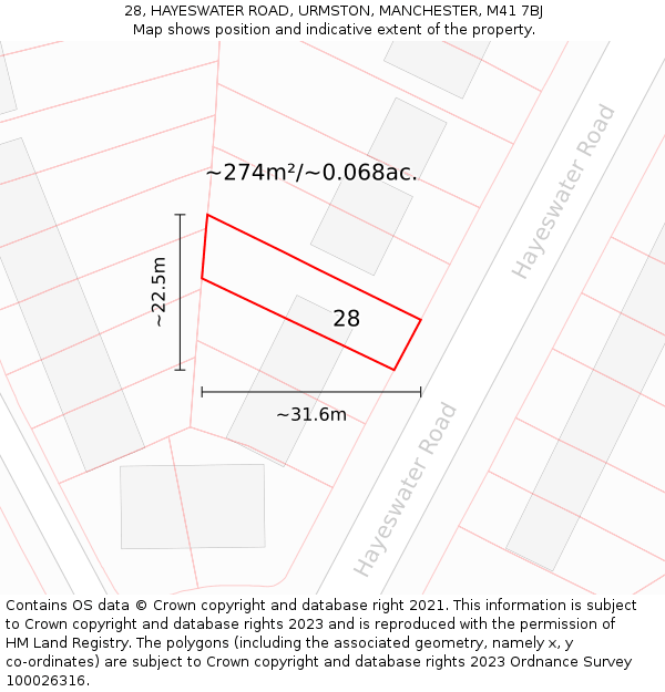 28, HAYESWATER ROAD, URMSTON, MANCHESTER, M41 7BJ: Plot and title map