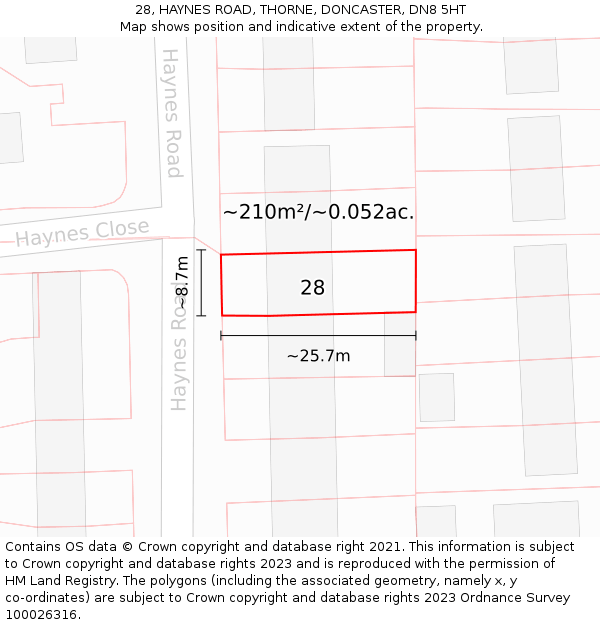 28, HAYNES ROAD, THORNE, DONCASTER, DN8 5HT: Plot and title map