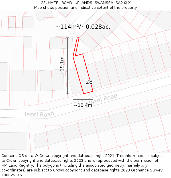 28, HAZEL ROAD, UPLANDS, SWANSEA, SA2 0LX: Plot and title map