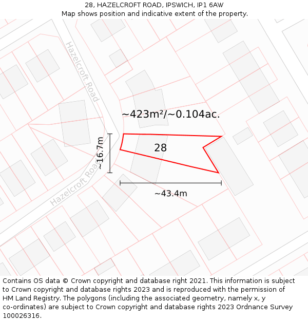 28, HAZELCROFT ROAD, IPSWICH, IP1 6AW: Plot and title map