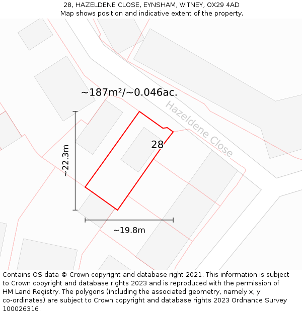 28, HAZELDENE CLOSE, EYNSHAM, WITNEY, OX29 4AD: Plot and title map