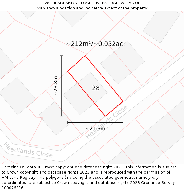28, HEADLANDS CLOSE, LIVERSEDGE, WF15 7QL: Plot and title map