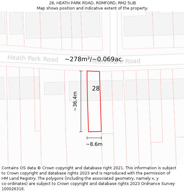 28, HEATH PARK ROAD, ROMFORD, RM2 5UB: Plot and title map