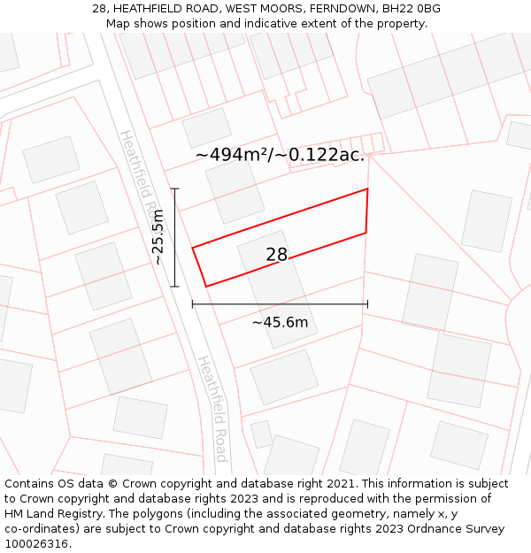28, HEATHFIELD ROAD, WEST MOORS, FERNDOWN, BH22 0BG: Plot and title map