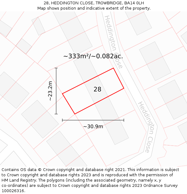 28, HEDDINGTON CLOSE, TROWBRIDGE, BA14 0LH: Plot and title map
