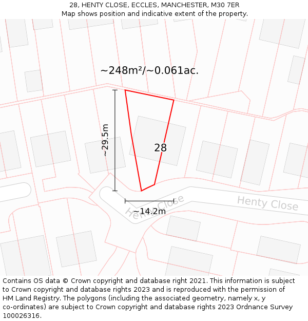 28, HENTY CLOSE, ECCLES, MANCHESTER, M30 7ER: Plot and title map
