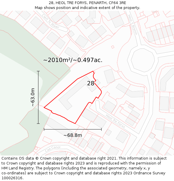 28, HEOL TRE FORYS, PENARTH, CF64 3RE: Plot and title map