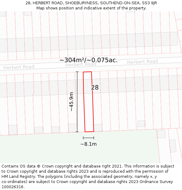 28, HERBERT ROAD, SHOEBURYNESS, SOUTHEND-ON-SEA, SS3 9JR: Plot and title map