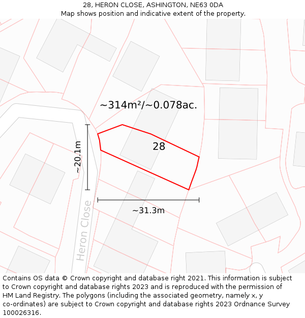 28, HERON CLOSE, ASHINGTON, NE63 0DA: Plot and title map