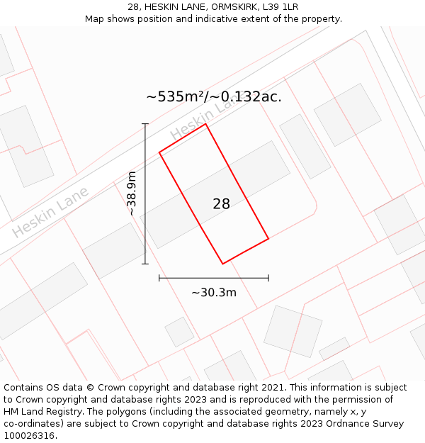 28, HESKIN LANE, ORMSKIRK, L39 1LR: Plot and title map