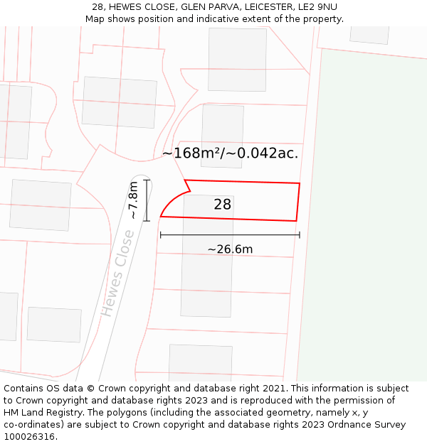 28, HEWES CLOSE, GLEN PARVA, LEICESTER, LE2 9NU: Plot and title map