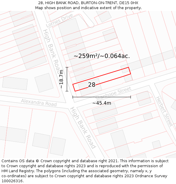 28, HIGH BANK ROAD, BURTON-ON-TRENT, DE15 0HX: Plot and title map