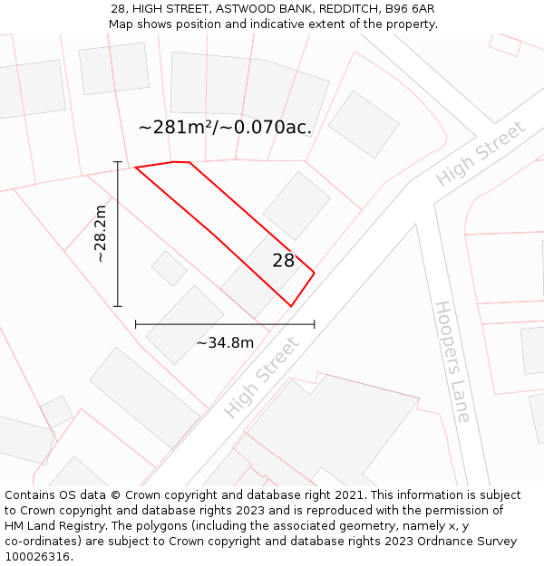 28, HIGH STREET, ASTWOOD BANK, REDDITCH, B96 6AR: Plot and title map