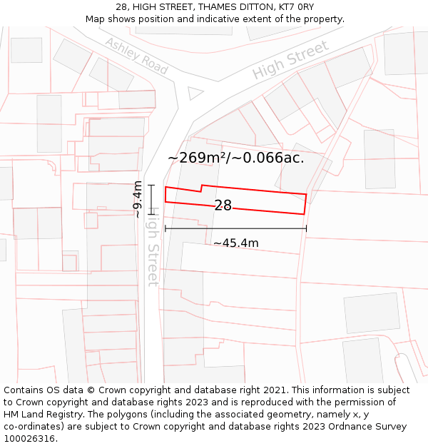 28, HIGH STREET, THAMES DITTON, KT7 0RY: Plot and title map