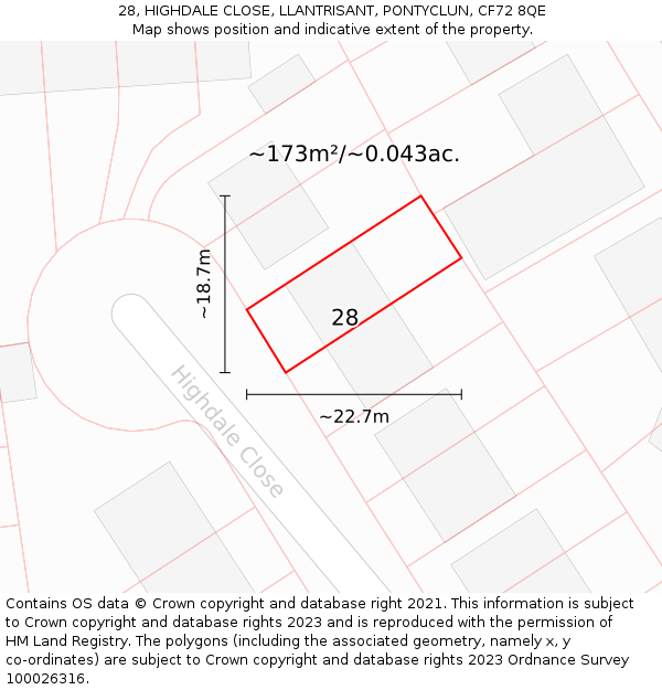 28, HIGHDALE CLOSE, LLANTRISANT, PONTYCLUN, CF72 8QE: Plot and title map