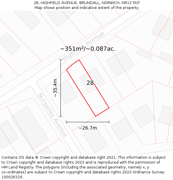 28, HIGHFIELD AVENUE, BRUNDALL, NORWICH, NR13 5NT: Plot and title map