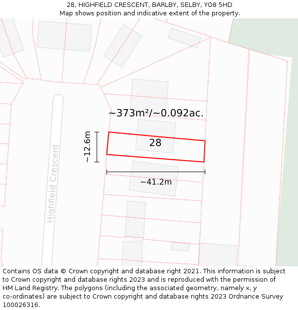 28, HIGHFIELD CRESCENT, BARLBY, SELBY, YO8 5HD: Plot and title map