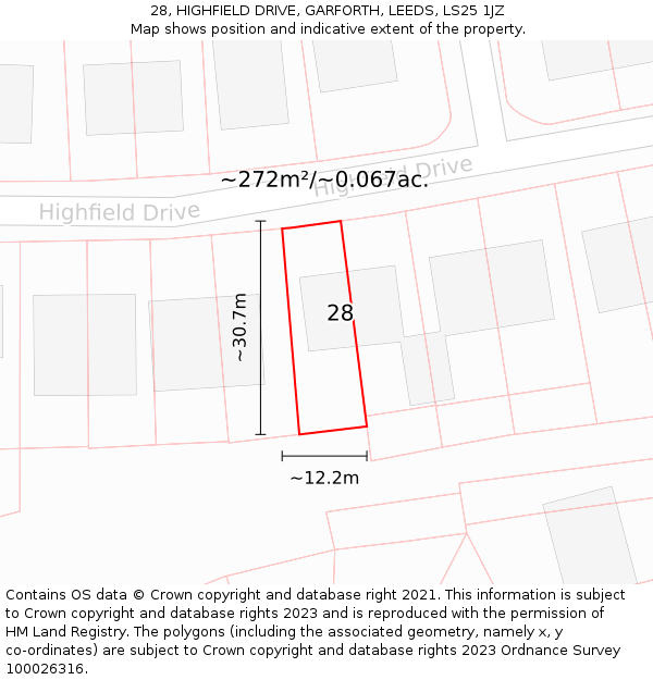 28, HIGHFIELD DRIVE, GARFORTH, LEEDS, LS25 1JZ: Plot and title map