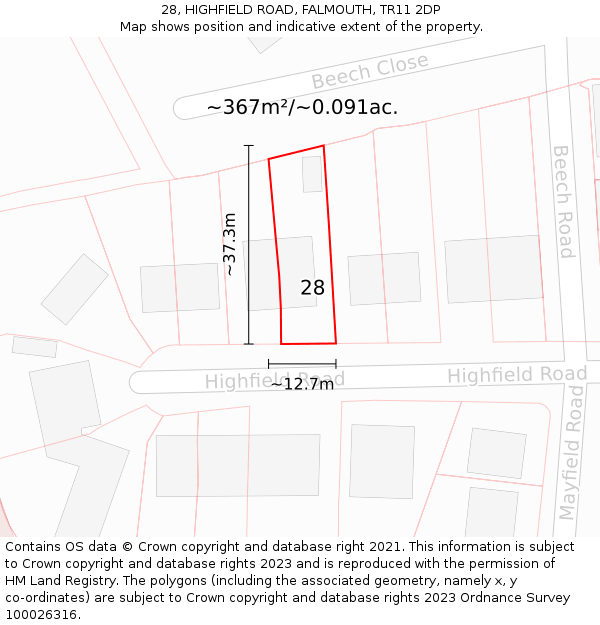 28, HIGHFIELD ROAD, FALMOUTH, TR11 2DP: Plot and title map