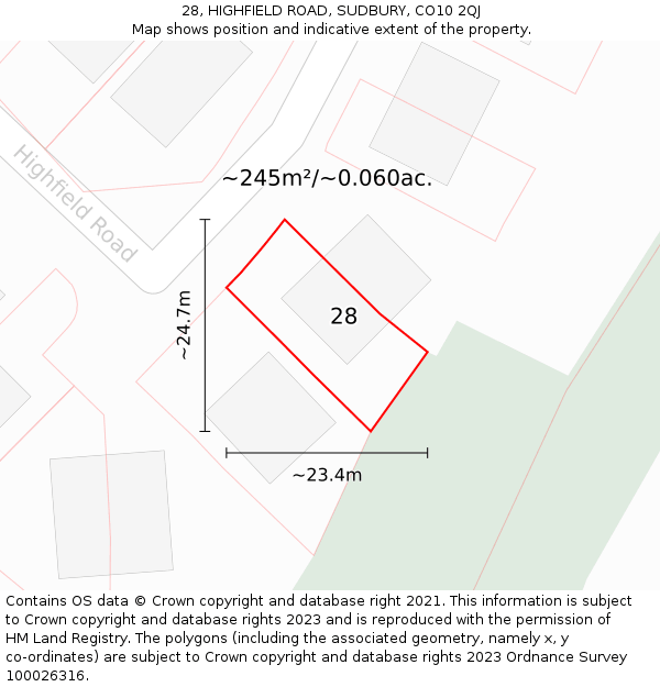 28, HIGHFIELD ROAD, SUDBURY, CO10 2QJ: Plot and title map