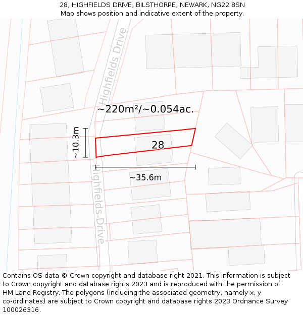 28, HIGHFIELDS DRIVE, BILSTHORPE, NEWARK, NG22 8SN: Plot and title map