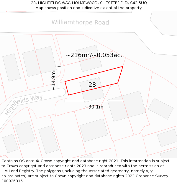 28, HIGHFIELDS WAY, HOLMEWOOD, CHESTERFIELD, S42 5UQ: Plot and title map