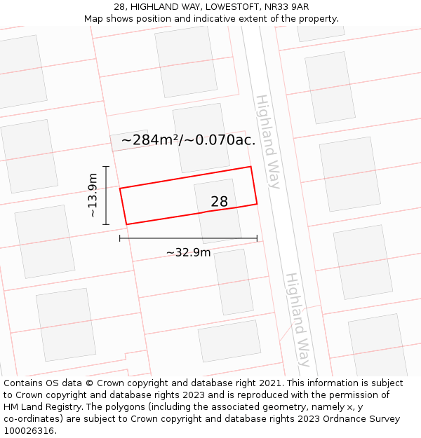 28, HIGHLAND WAY, LOWESTOFT, NR33 9AR: Plot and title map