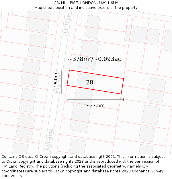 28, HILL RISE, LONDON, NW11 6NA: Plot and title map