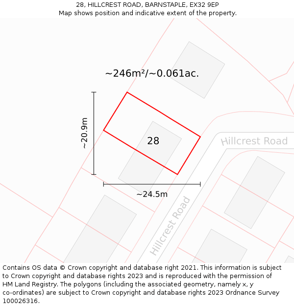 28, HILLCREST ROAD, BARNSTAPLE, EX32 9EP: Plot and title map