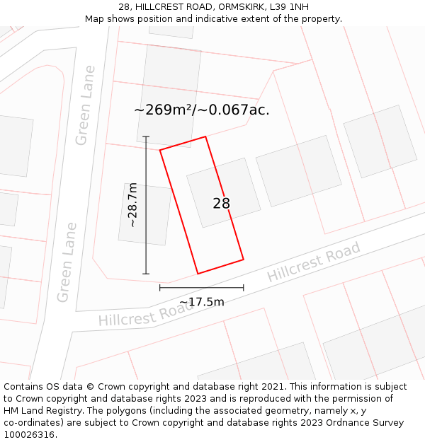 28, HILLCREST ROAD, ORMSKIRK, L39 1NH: Plot and title map