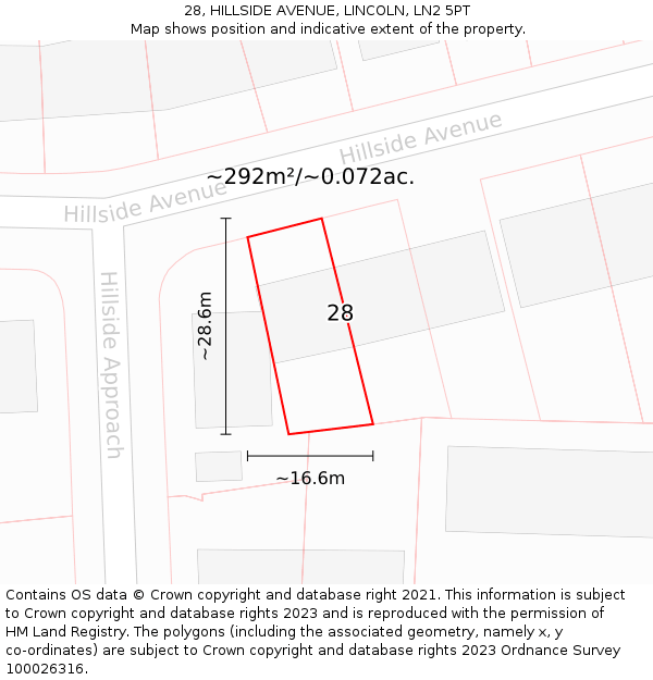 28, HILLSIDE AVENUE, LINCOLN, LN2 5PT: Plot and title map