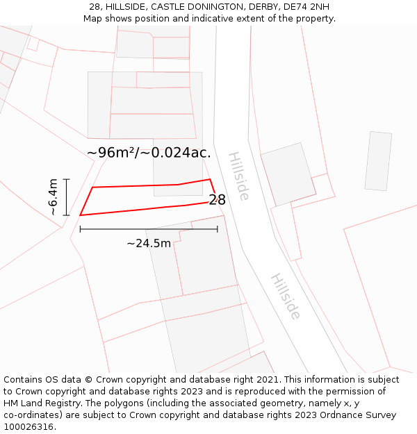 28, HILLSIDE, CASTLE DONINGTON, DERBY, DE74 2NH: Plot and title map