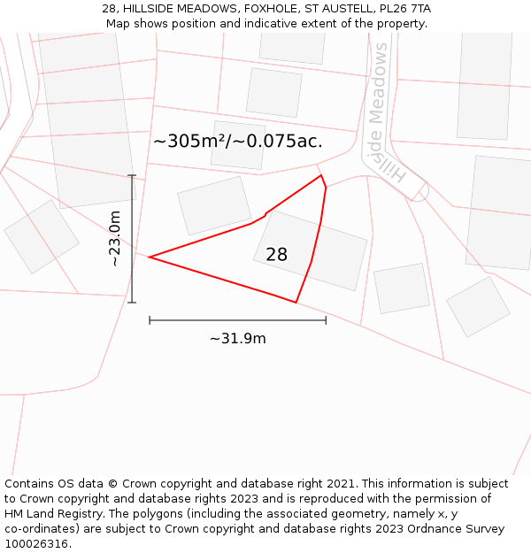 28, HILLSIDE MEADOWS, FOXHOLE, ST AUSTELL, PL26 7TA: Plot and title map