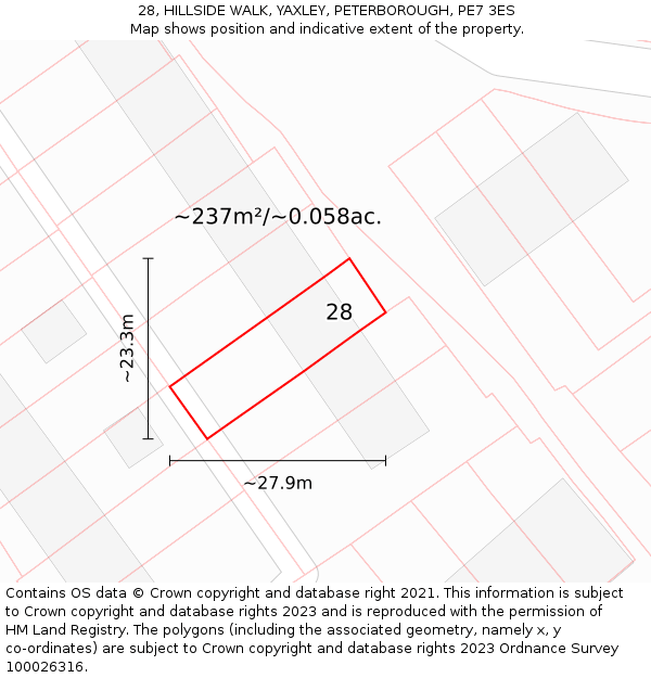 28, HILLSIDE WALK, YAXLEY, PETERBOROUGH, PE7 3ES: Plot and title map