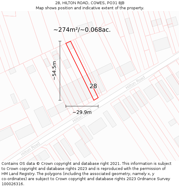 28, HILTON ROAD, COWES, PO31 8JB: Plot and title map