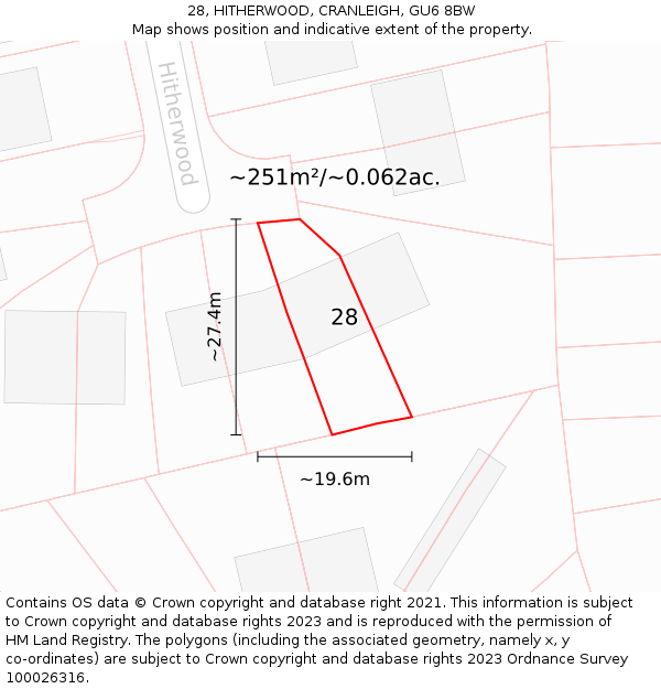 28, HITHERWOOD, CRANLEIGH, GU6 8BW: Plot and title map