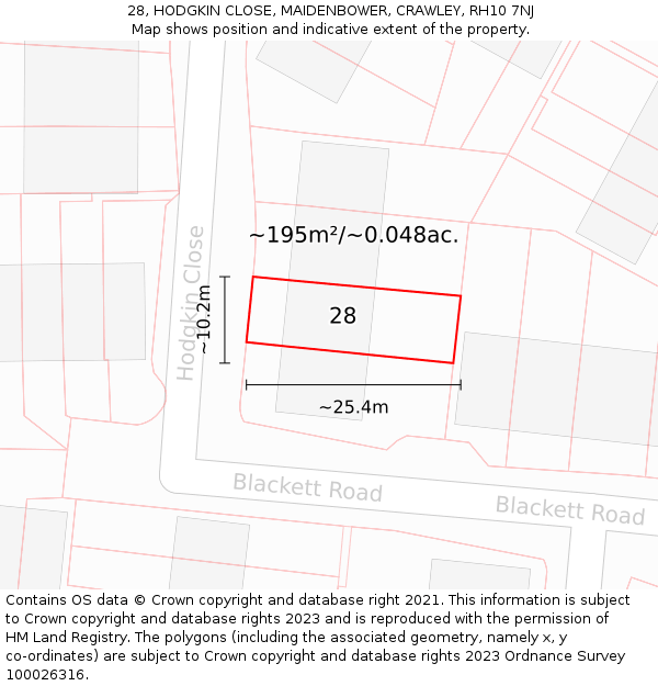 28, HODGKIN CLOSE, MAIDENBOWER, CRAWLEY, RH10 7NJ: Plot and title map