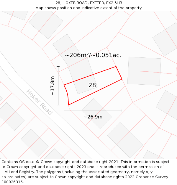 28, HOKER ROAD, EXETER, EX2 5HR: Plot and title map
