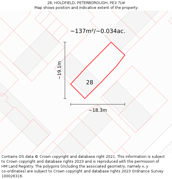 28, HOLDFIELD, PETERBOROUGH, PE3 7LW: Plot and title map