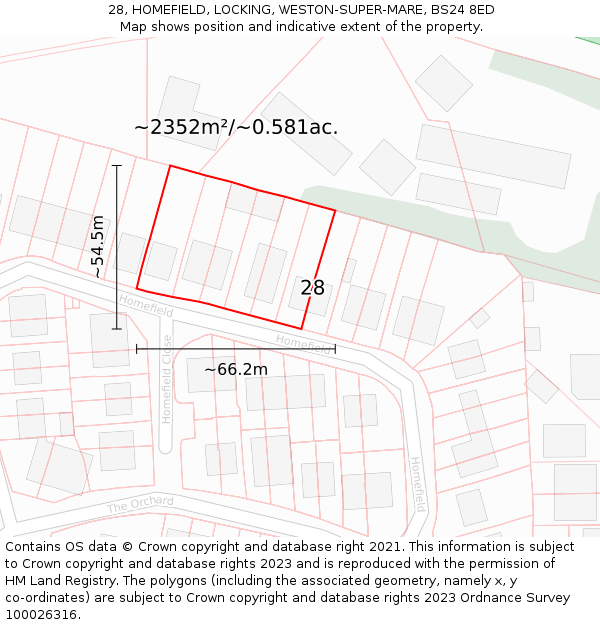 28, HOMEFIELD, LOCKING, WESTON-SUPER-MARE, BS24 8ED: Plot and title map