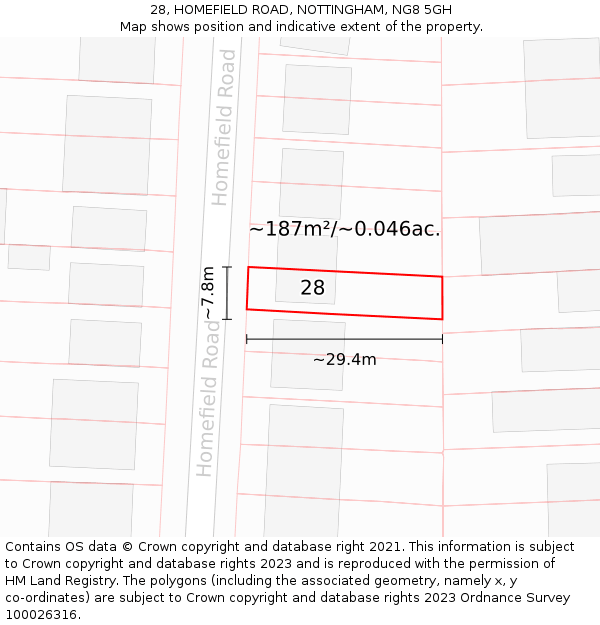 28, HOMEFIELD ROAD, NOTTINGHAM, NG8 5GH: Plot and title map