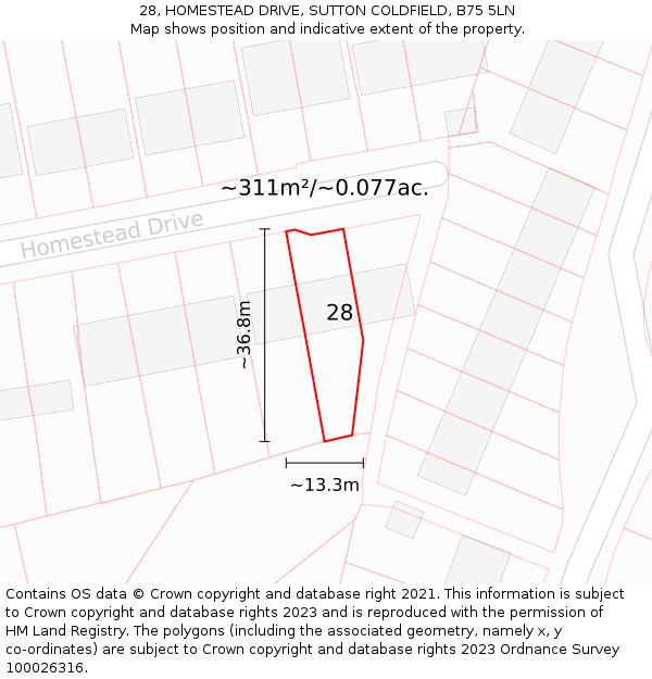 28, HOMESTEAD DRIVE, SUTTON COLDFIELD, B75 5LN: Plot and title map